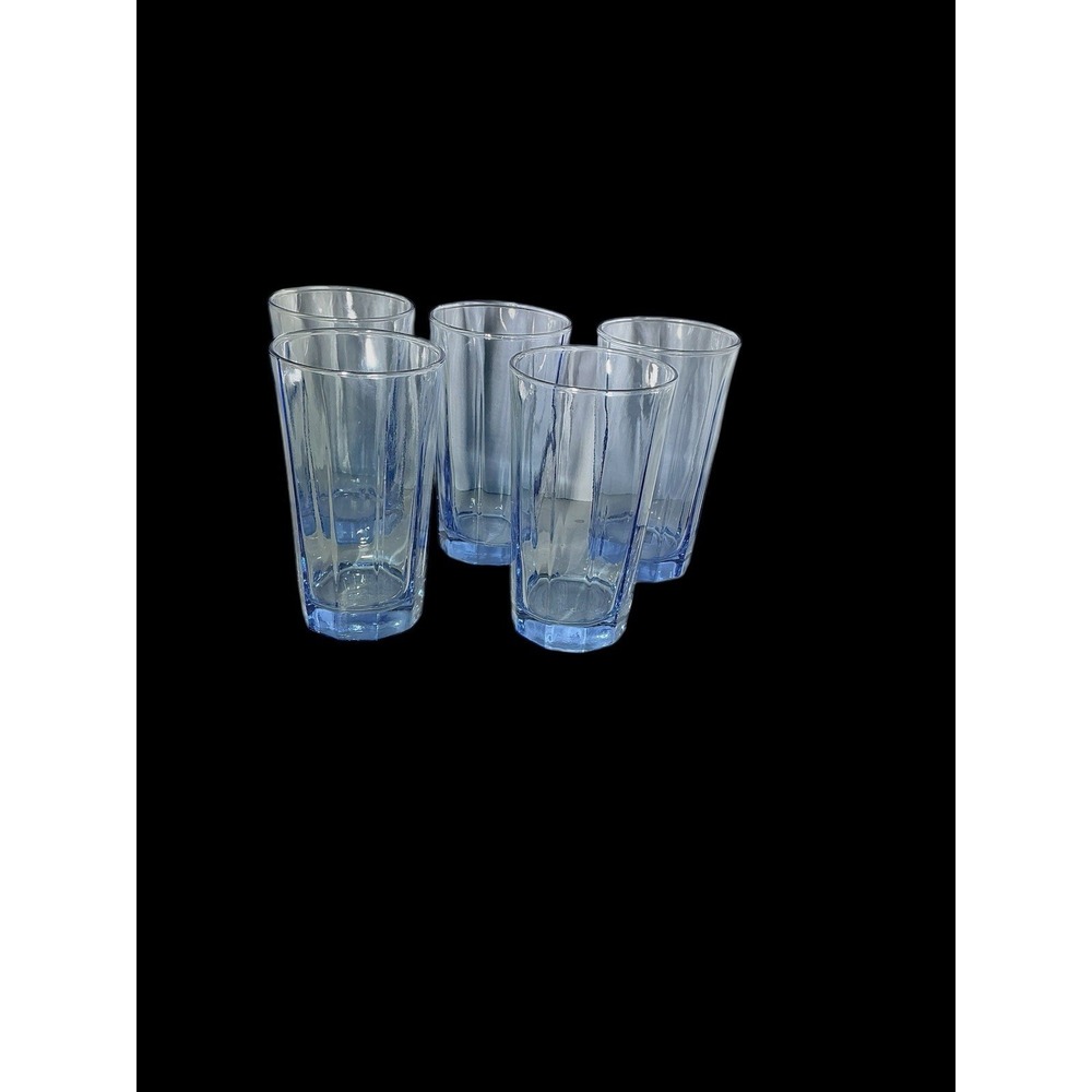 Sky Blue Drinking Glass 10 Facets Vintage 6" Set Of 5
